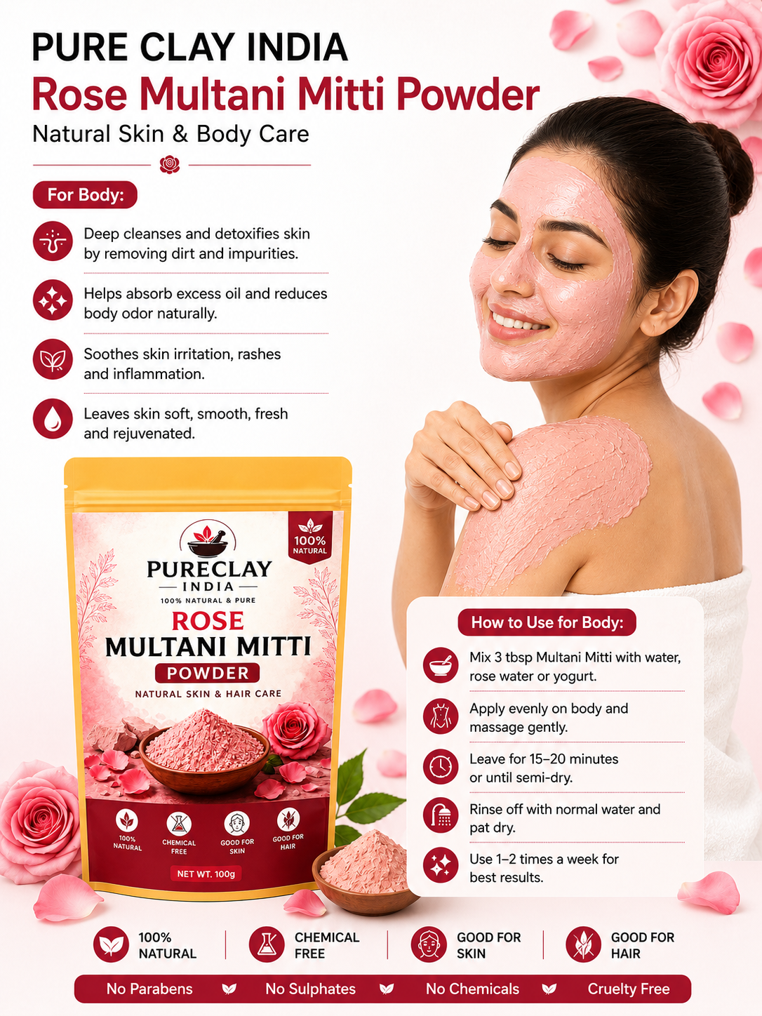 Rose Multani Mitti Powder for Face Pack & Skin Care | Natural Rose Clay Powder | Chemical Free | 100g