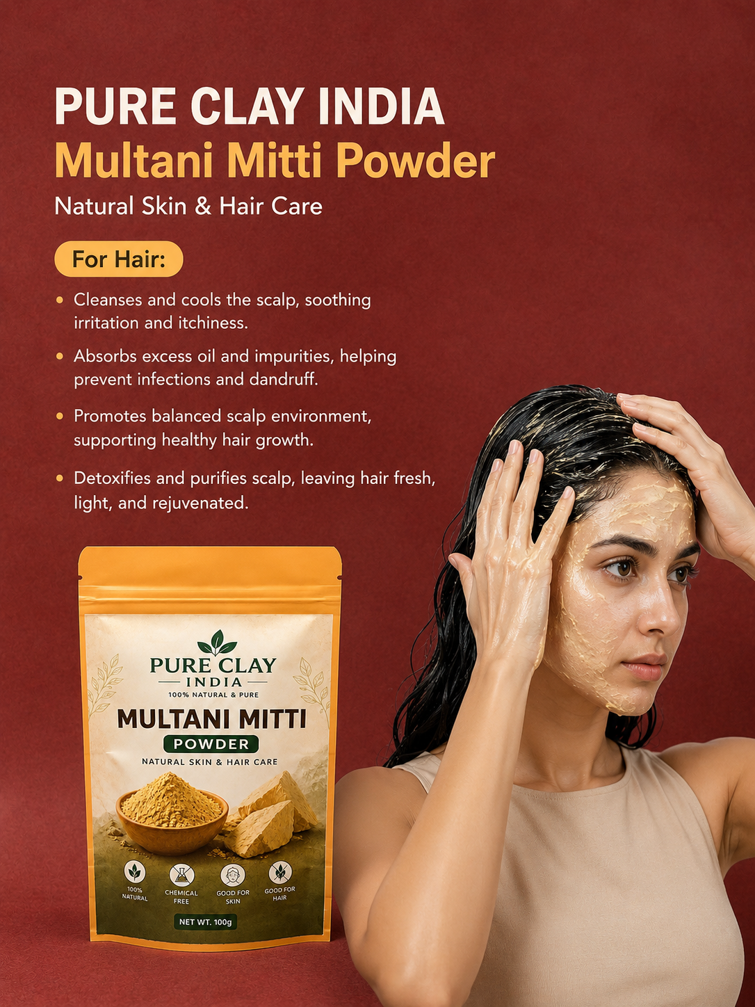 Multani Mitti Powder | Natural Fuller’s Earth Clay | 100g | 100% Natural Multani Mitti Pure Fuller’s Earth Clay Natural Skin & Hair Care. Chemical Free Clay