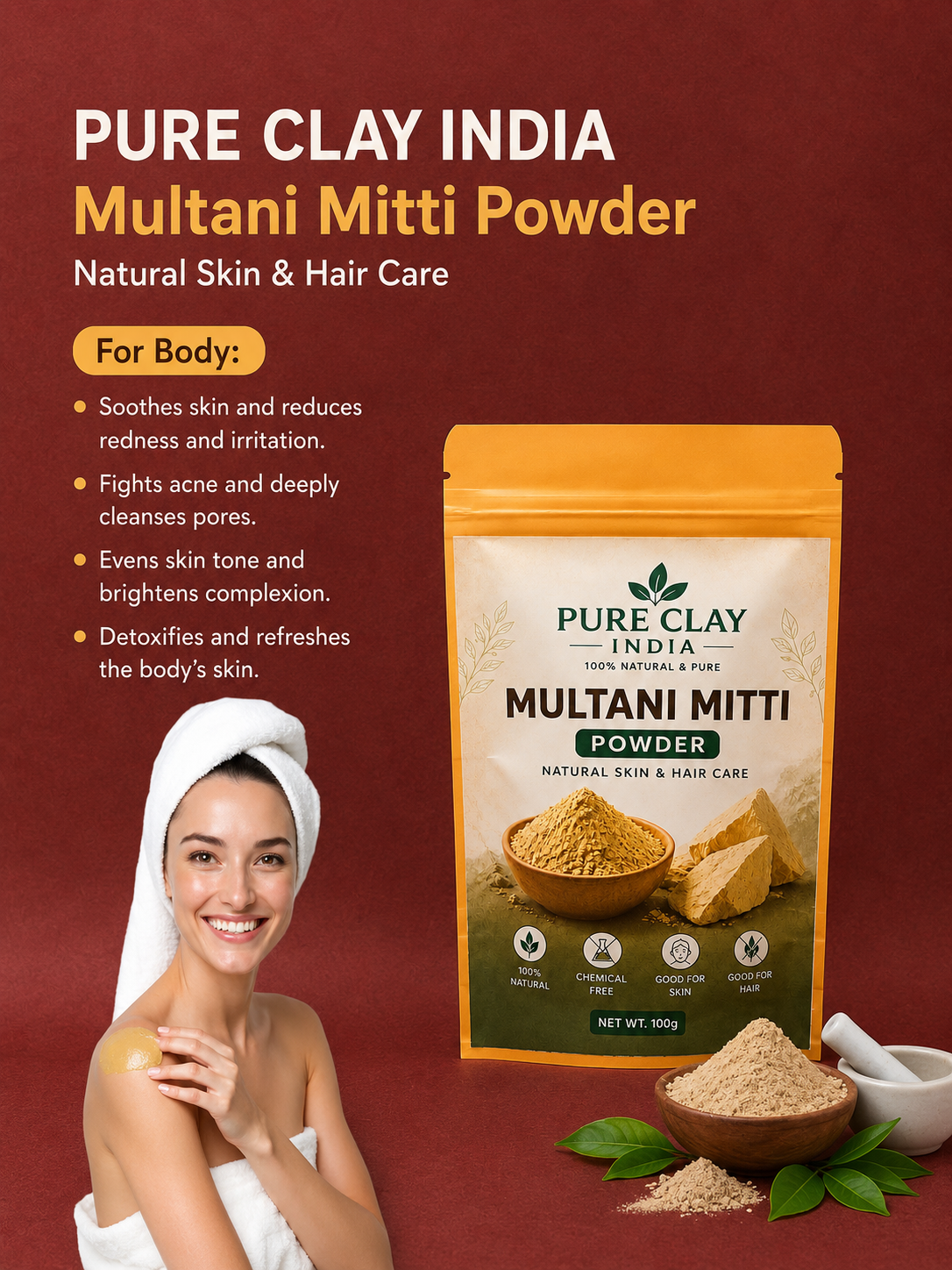 Multani Mitti Powder | Natural Fuller’s Earth Clay | 100g | 100% Natural Multani Mitti Pure Fuller’s Earth Clay Natural Skin & Hair Care. Chemical Free Clay