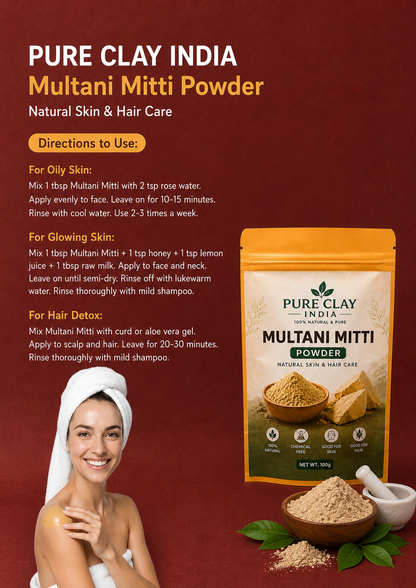 Multani Mitti Powder | Natural Fuller’s Earth Clay | 100g | 100% Natural Multani Mitti Pure Fuller’s Earth Clay Natural Skin & Hair Care. Chemical Free Clay