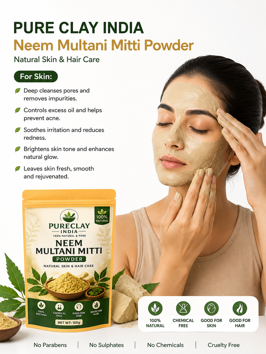 Neem Multani Mitti Powder | Natural Face Pack for Acne, Oil Control & Skin | 100g