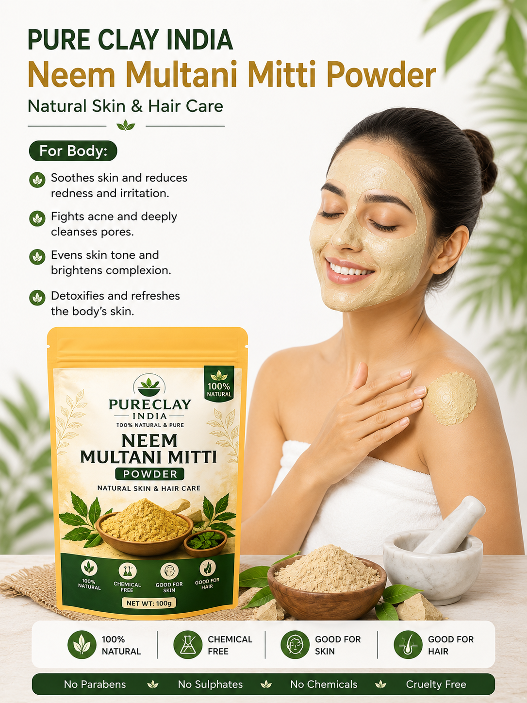 Neem Multani Mitti Powder | Natural Face Pack for Acne, Oil Control & Skin | 100g