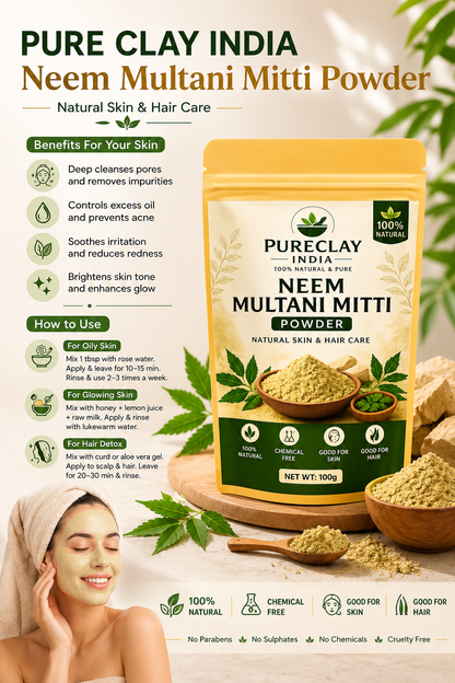 Neem Multani Mitti Powder | Natural Face Pack for Acne, Oil Control & Skin | 100g