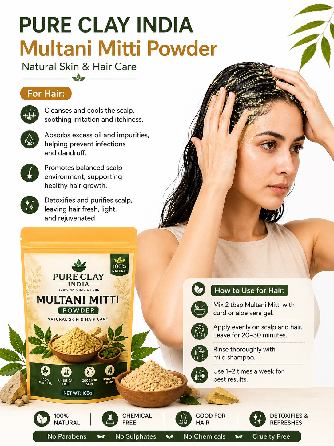 Neem Multani Mitti Powder | Natural Face Pack for Acne, Oil Control & Skin | 100g