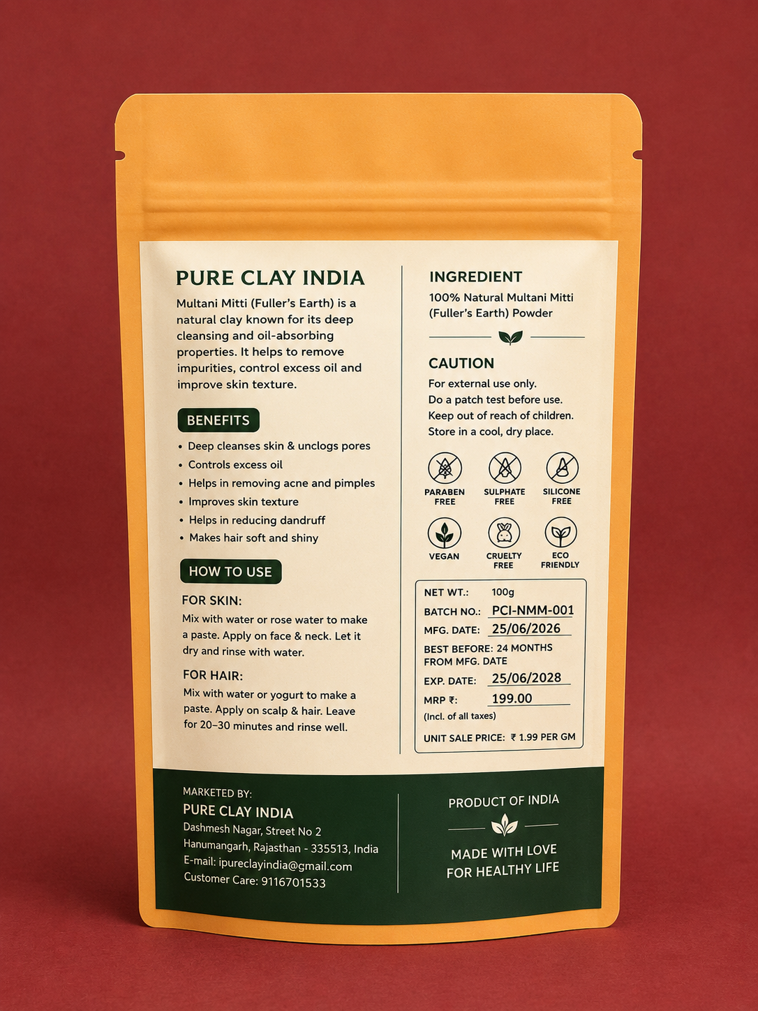 Neem Multani Mitti Powder | Natural Face Pack for Acne, Oil Control & Skin | 100g