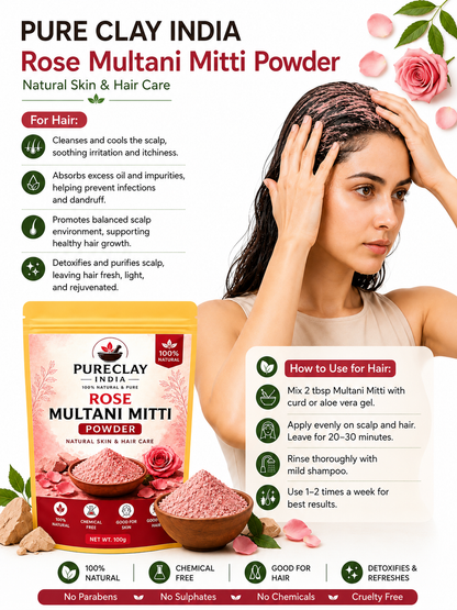 Rose Multani Mitti Powder for Face Pack & Skin Care | Natural Rose Clay Powder | Chemical Free | 100g