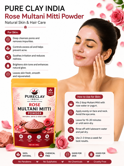 Rose Multani Mitti Powder for Face Pack & Skin Care | Natural Rose Clay Powder | Chemical Free | 100g