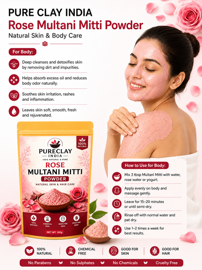 Rose Multani Mitti Powder for Face Pack & Skin Care | Natural Rose Clay Powder | Chemical Free | 100g