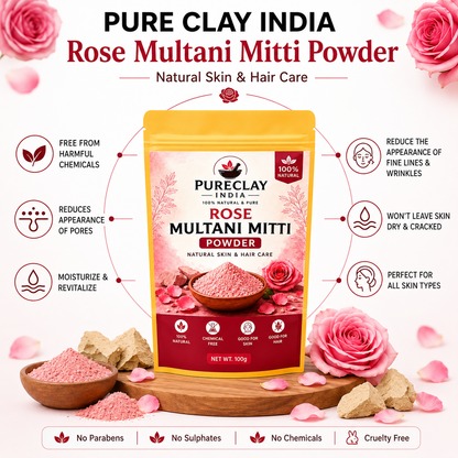 Rose Multani Mitti Powder for Face Pack & Skin Care | Natural Rose Clay Powder | Chemical Free | 100g
