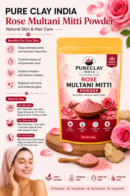 Rose Multani Mitti Powder for Face Pack & Skin Care | Natural Rose Clay Powder | Chemical Free | 100g