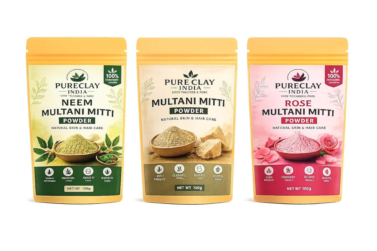 Multani Mitti Combo Pack (Original, Neem & Rose) Face Pack Powder for Skin & Hair Care | 100% Natural | Chemical Free | 100g Each (Pack of 3)