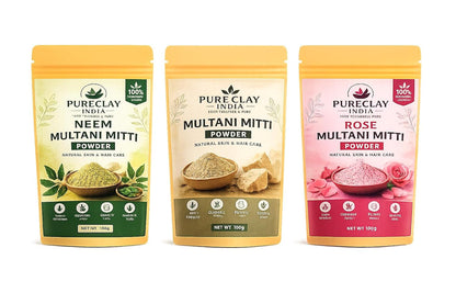 Multani Mitti Combo Pack (Original, Neem & Rose) Face Pack Powder for Skin & Hair Care | 100% Natural | Chemical Free | 100g Each (Pack of 3)