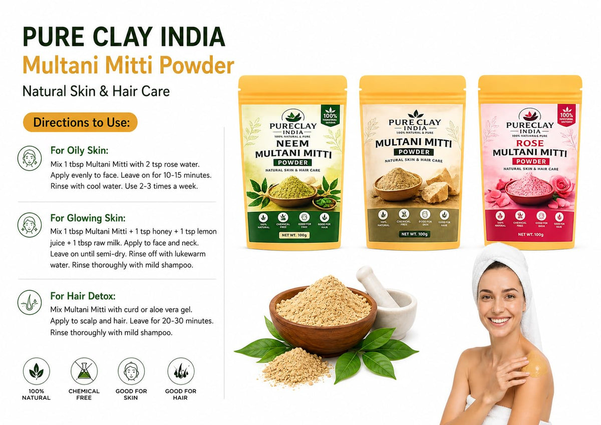 Multani Mitti Combo Pack (Original, Neem & Rose) Face Pack Powder for Skin & Hair Care | 100% Natural | Chemical Free | 100g Each (Pack of 3)