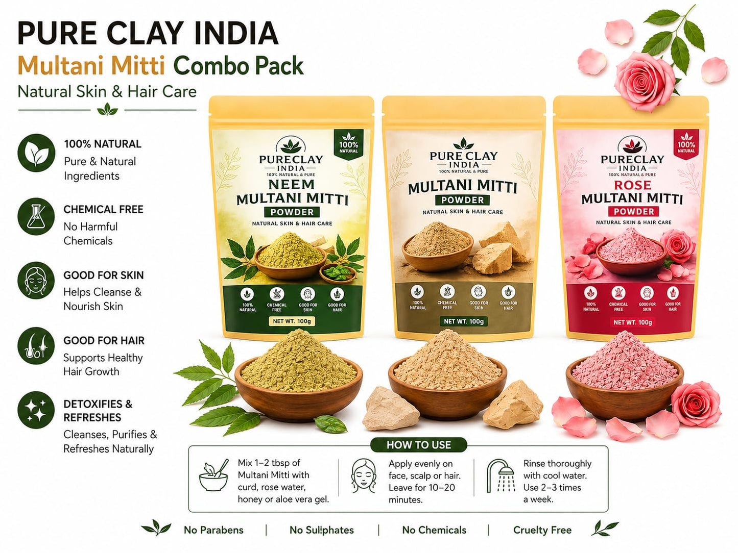 Multani Mitti Combo Pack (Original, Neem & Rose) Face Pack Powder for Skin & Hair Care | 100% Natural | Chemical Free | 100g Each (Pack of 3)