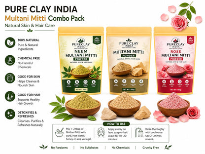 Multani Mitti Combo Pack (Original, Neem & Rose) Face Pack Powder for Skin & Hair Care | 100% Natural | Chemical Free | 100g Each (Pack of 3)