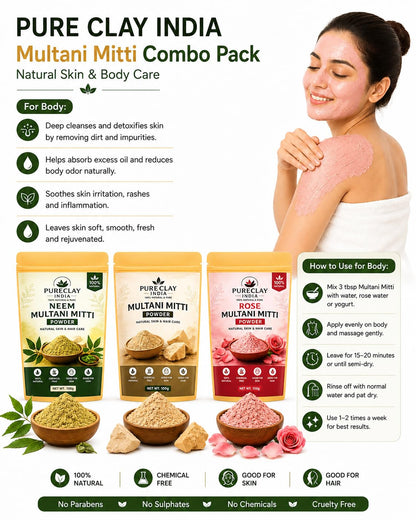 Multani Mitti Combo Pack (Original, Neem & Rose) Face Pack Powder for Skin & Hair Care | 100% Natural | Chemical Free | 100g Each (Pack of 3)